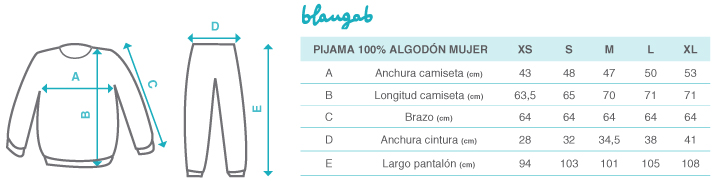 guía de tallas pijama algodón orgánico mujer